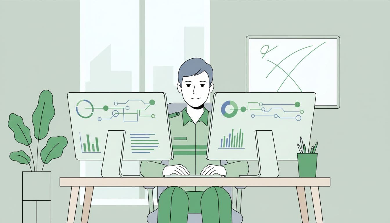A focused professional monitors digital data on two screens within a modern, minimalist workspace. The illustration features clean lines and vibrant green accents to emphasize efficient security operations and management.