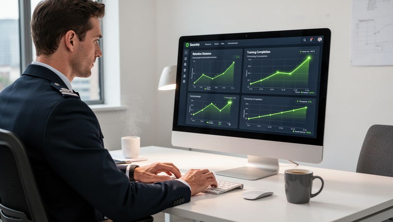 Security manager at desk reviews computer dashboard with retention and training graphs, coffee mug nearby in modern office.