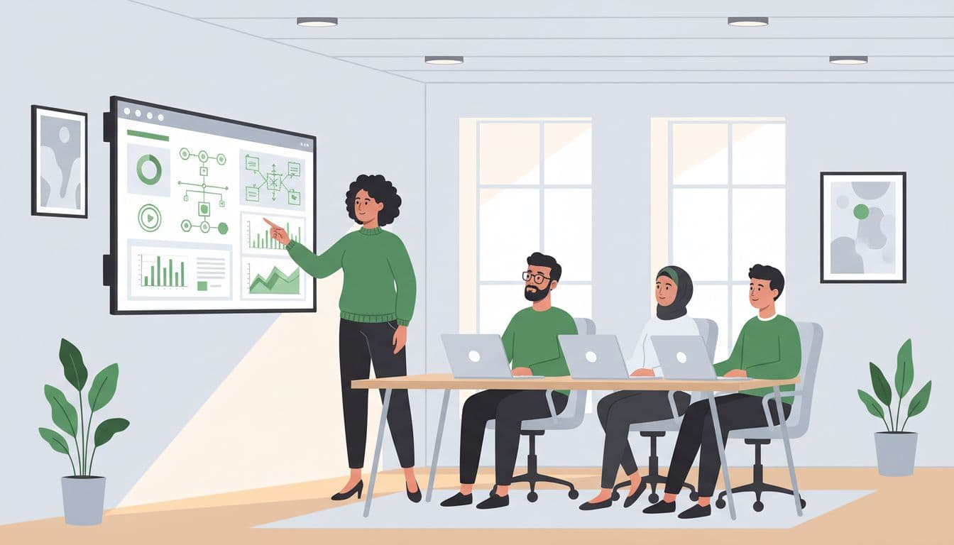 Security manager points to dashboard on screen with three diverse engineers seated around table in bright office.