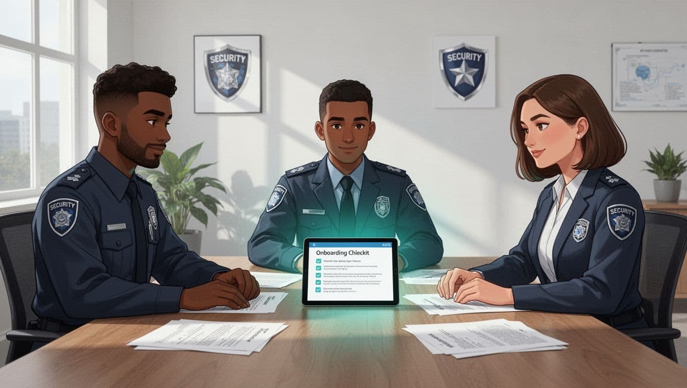 Three diverse security managers sit around a conference table reviewing onboarding checklist on tablet and paper documents in bright office.