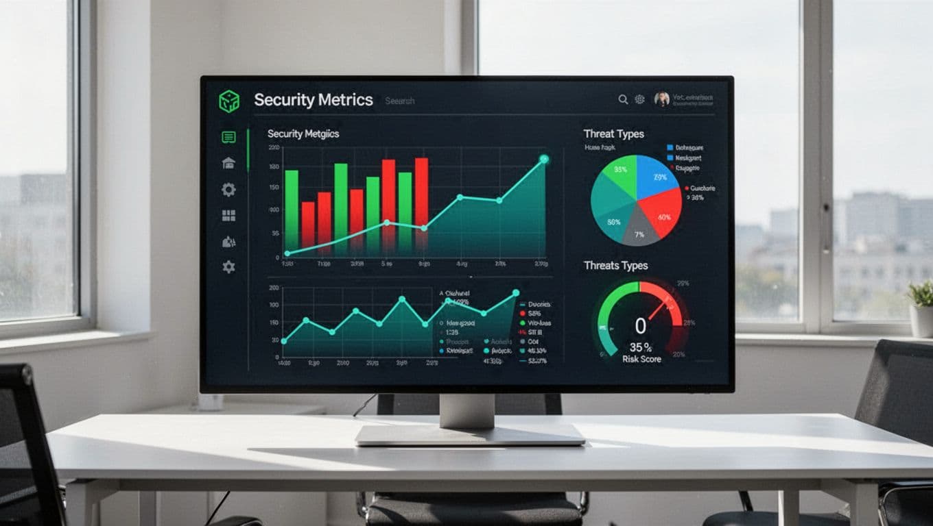 Large monitor on modern desk shows security dashboard with bar graph, line chart, pie chart, and risk gauge.