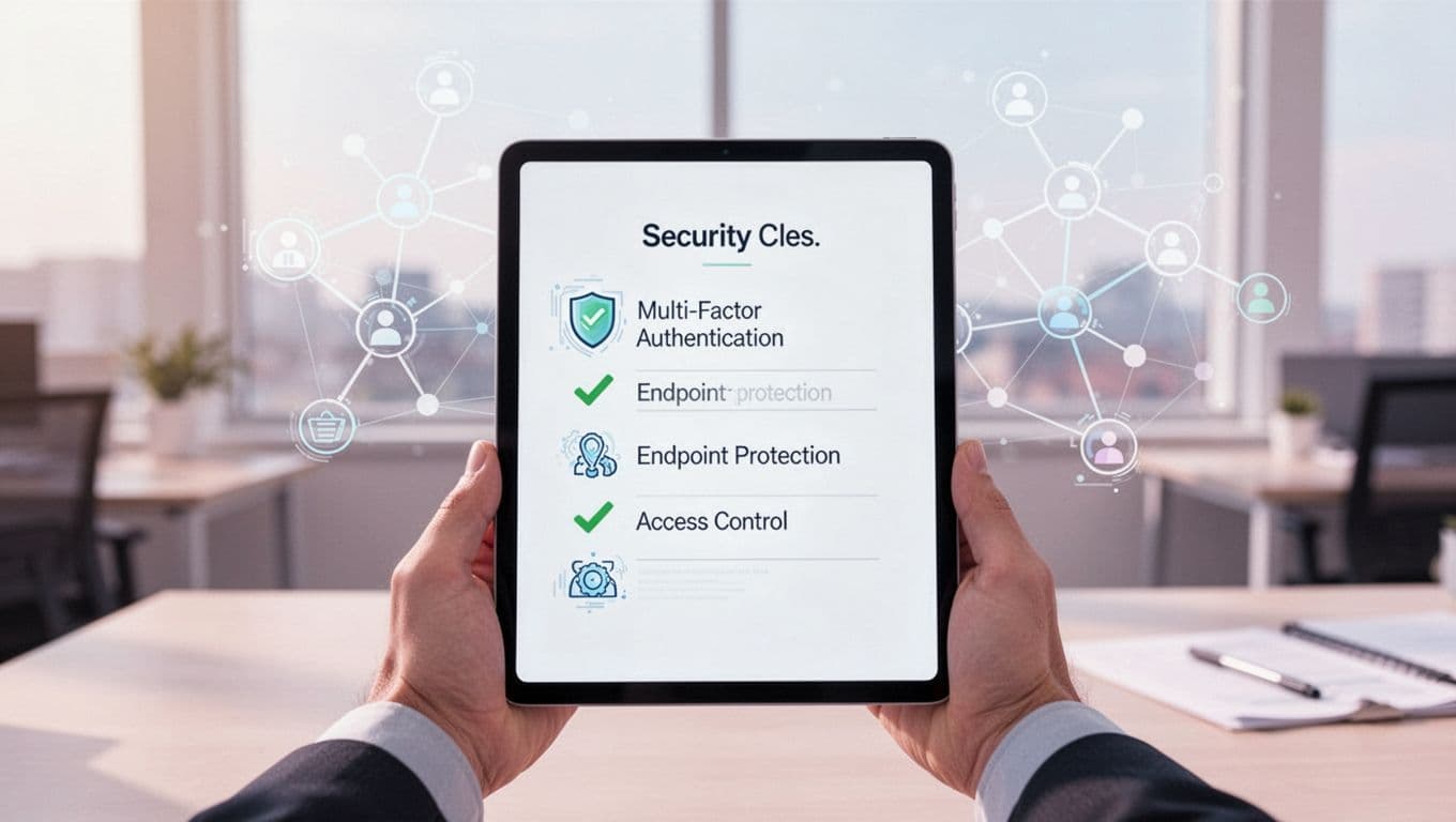 Two hands hold tablet showing illustrated checklist with green checkmarks, faint security network background.
