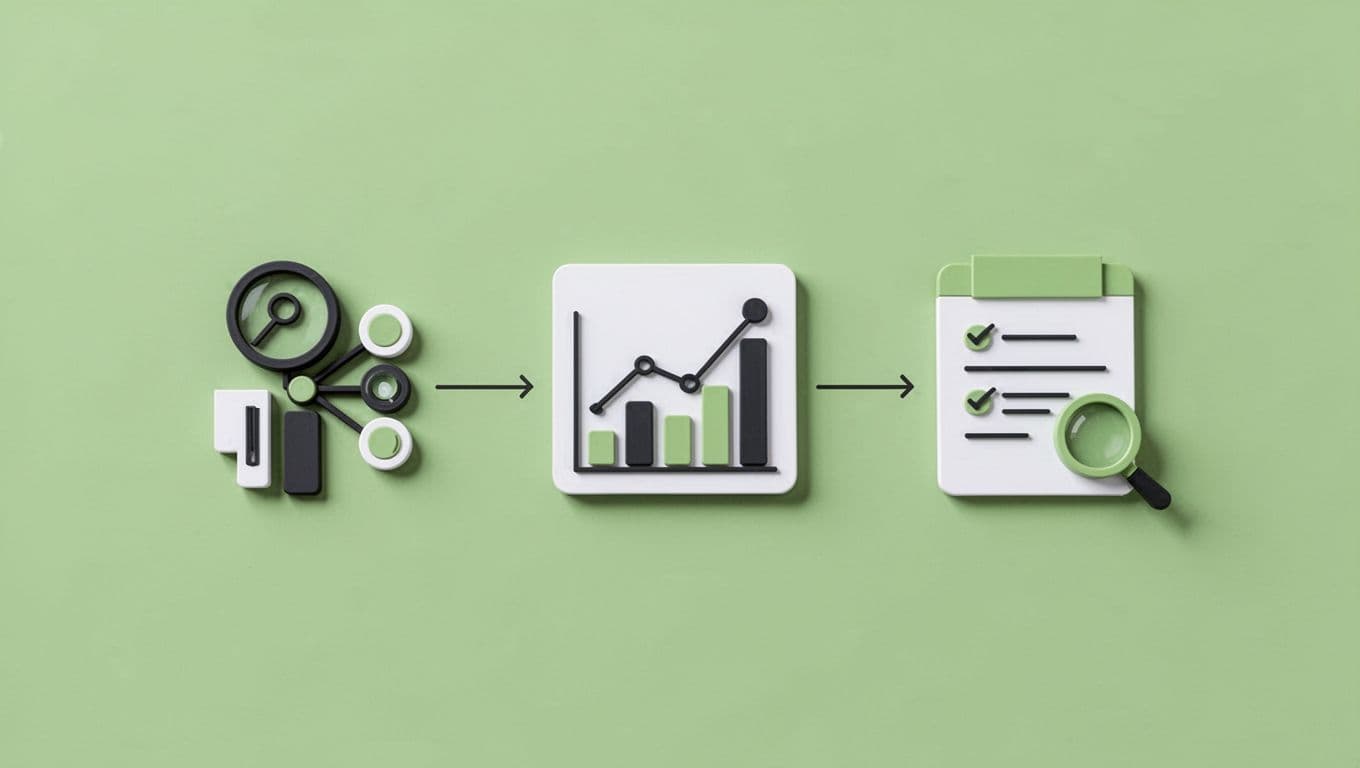 Three minimalist icons connected by lines representing data collection, analysis, and reporting.