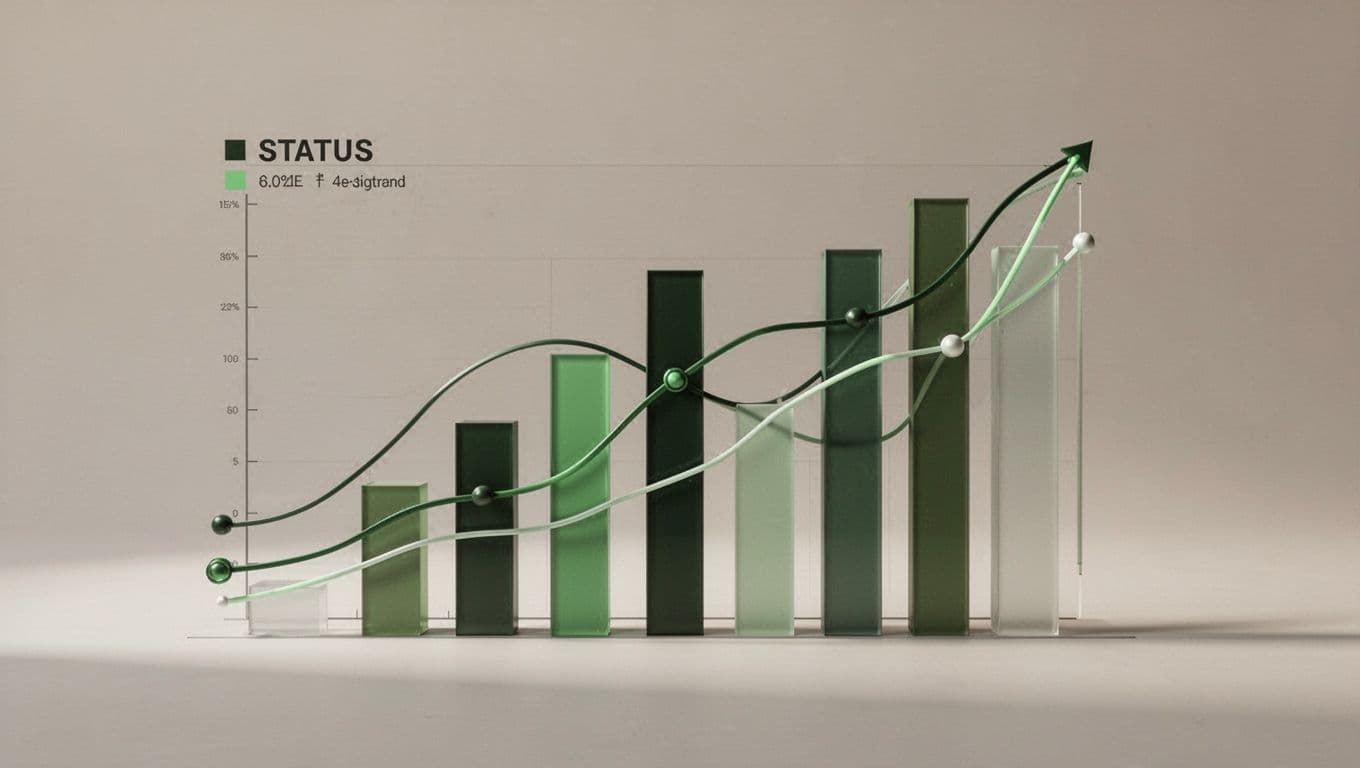 A minimalist dashboard displays progress charts and status indicators using clean geometric shapes and green accents.