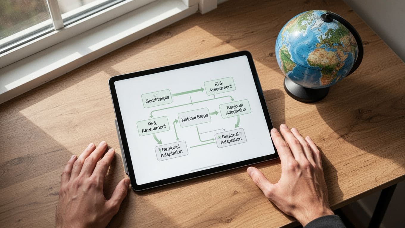 Top-down view of digital tablet on desk displaying security playbook flowchart with green arrows, globe nearby, two hands resting close.