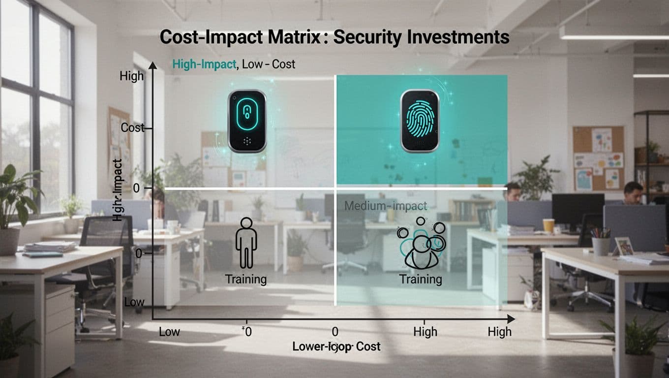 Prioritization matrix with low-high cost and impact axes, quadrant icons for MFA and staff training, green highlights on high impact, nonprofit office background.