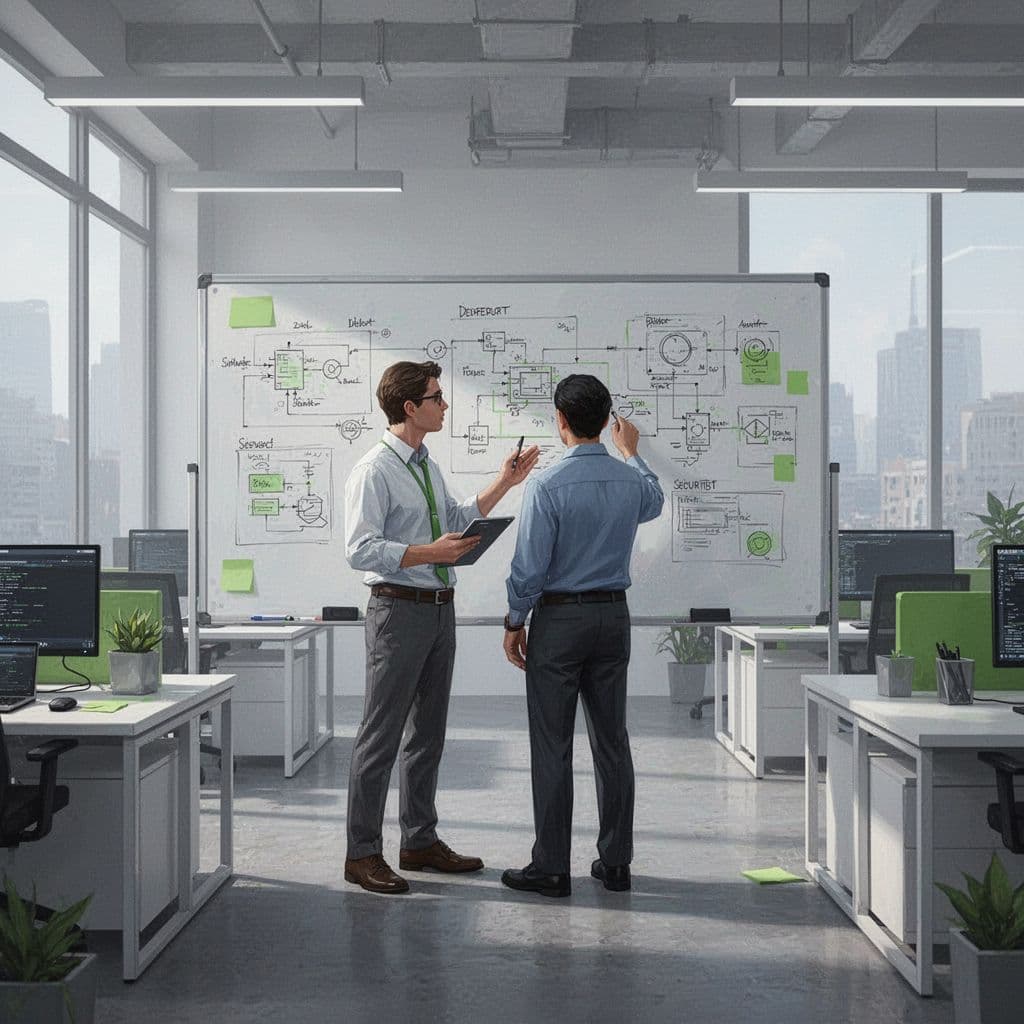 A developer and a security professional discuss diagrams on a whiteboard in a modern office space.
