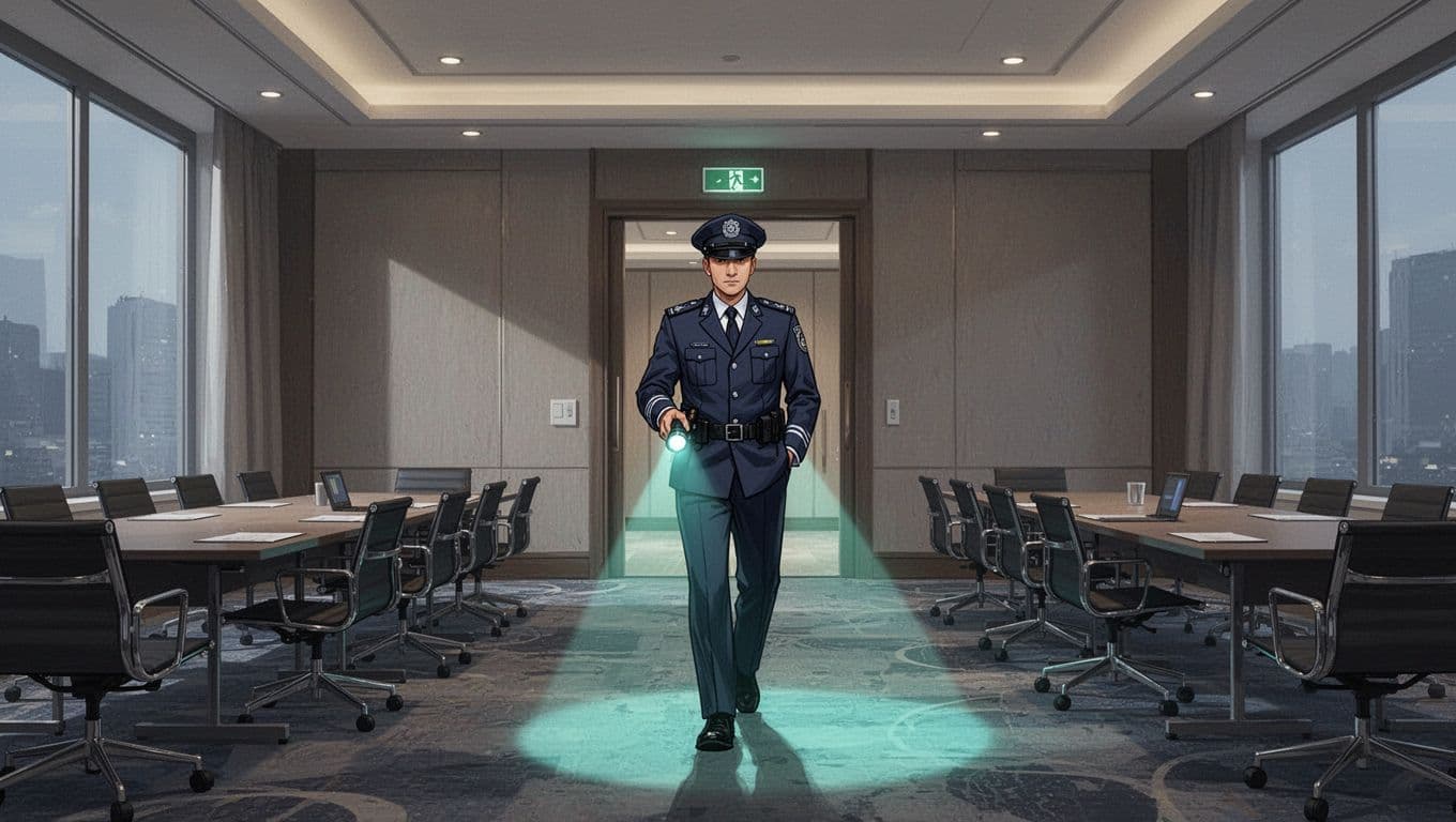Security professional checks exits and windows in empty high-end hotel conference room, flashlight beam active, notepad in pocket.