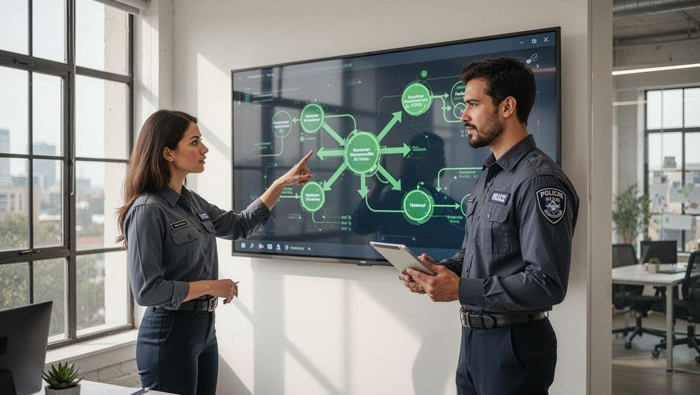 Three security professionals collaborate around a wall-mounted digital board with green risk workflow nodes and arrows in a bright office.