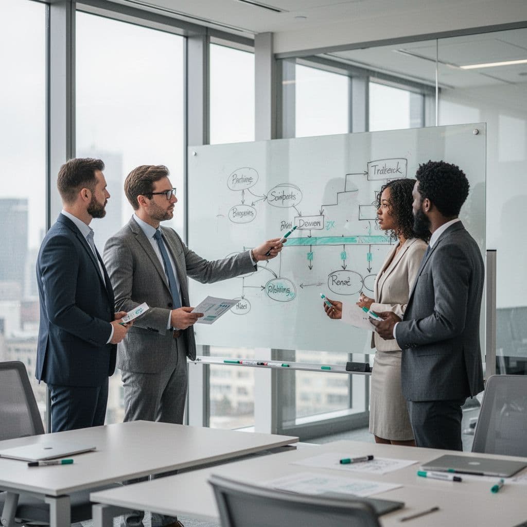 Three professionals gather around a glass whiteboard to discuss security project timelines and workflow charts.