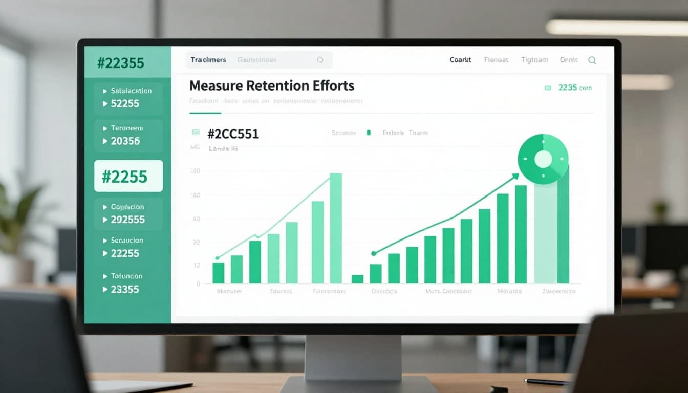 Architect in office views angled screen with clean dashboard charts tracking security team retention metrics.