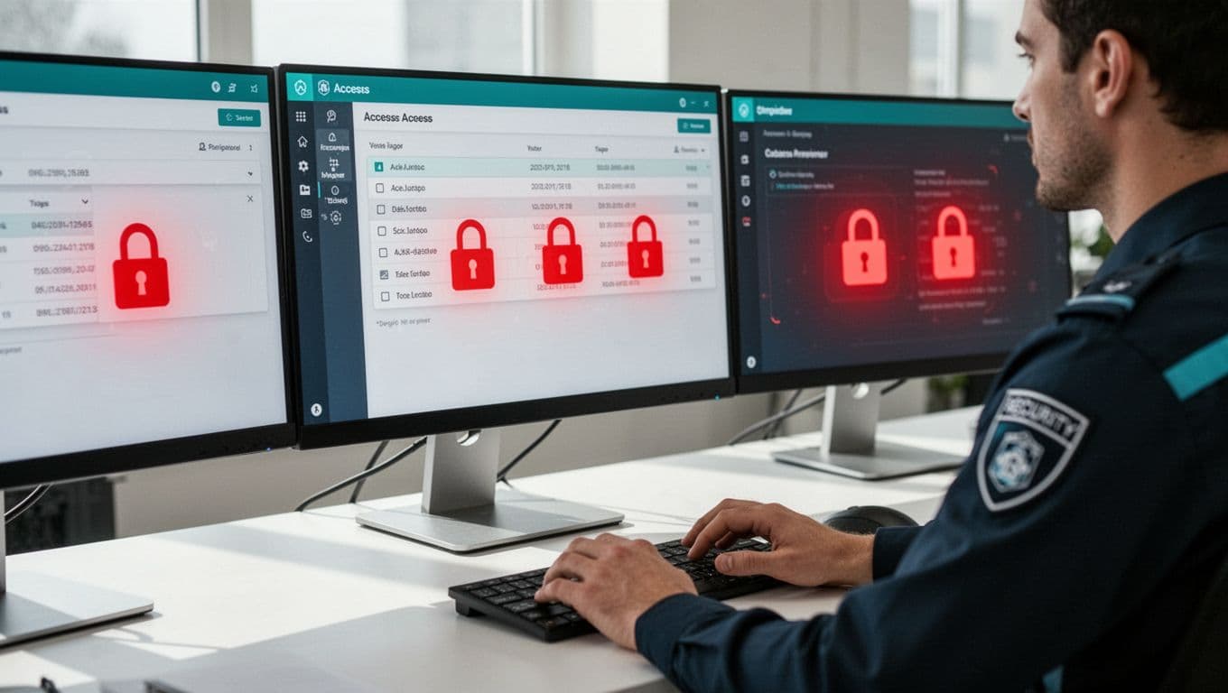 Person at desk with monitors showing access logs and red lock icons, hands near keyboard.