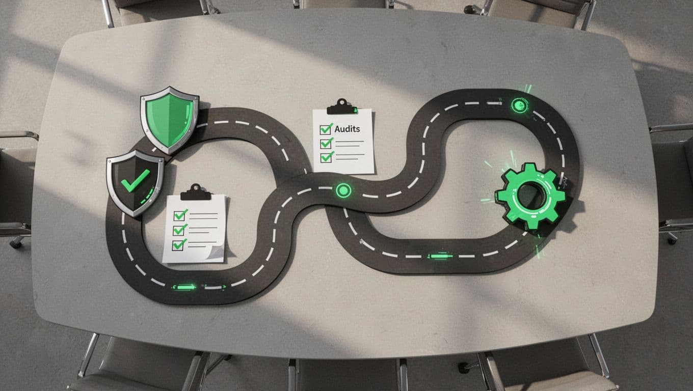 Winding roadmap path through shield, checklist, training group, and tech stack icons with green milestone accents on neutral background.