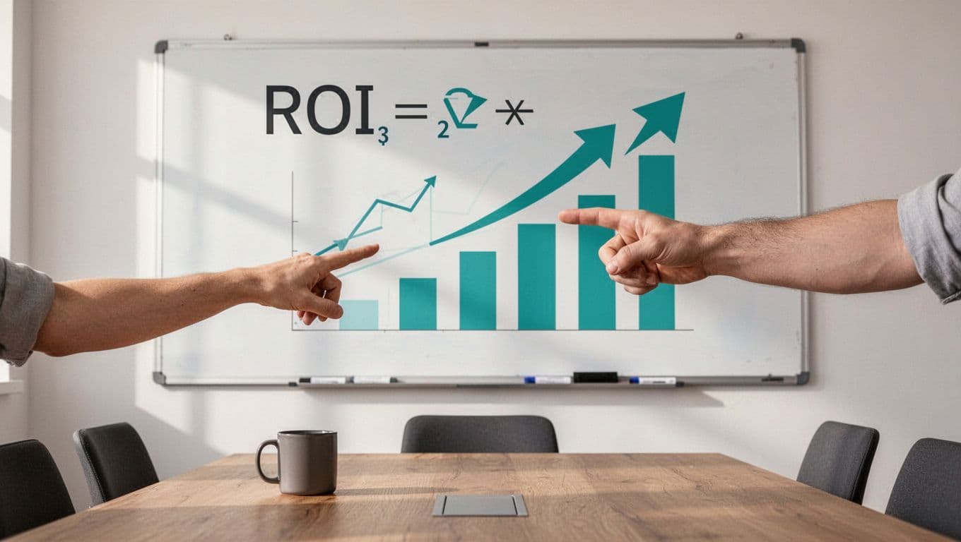 Whiteboard sketches abstract ROI formula with arrows and savings growth bar charts; wooden table holds coffee mug, relaxed hand points at board.