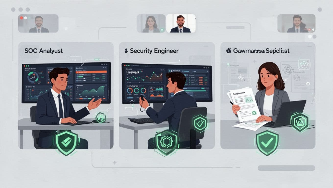 Three icons show SOC analyst monitoring alerts, security engineer configuring firewall, and GRC specialist reviewing docs on a shared digital board with video frames.
