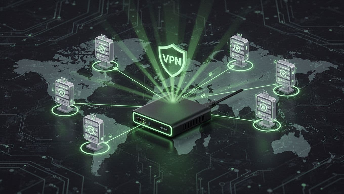 Network security scanner probes multiple VPN gateway icons on a digital map, highlighting central device with detection rays.