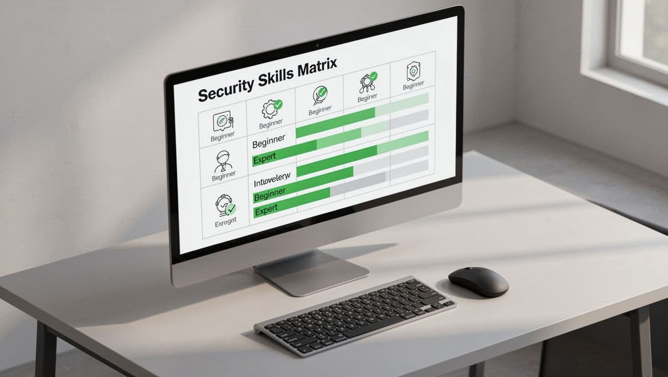 Isometric desk with keyboard and mouse in foreground, large monitor shows abstract grid of skill icons and green progress bars.