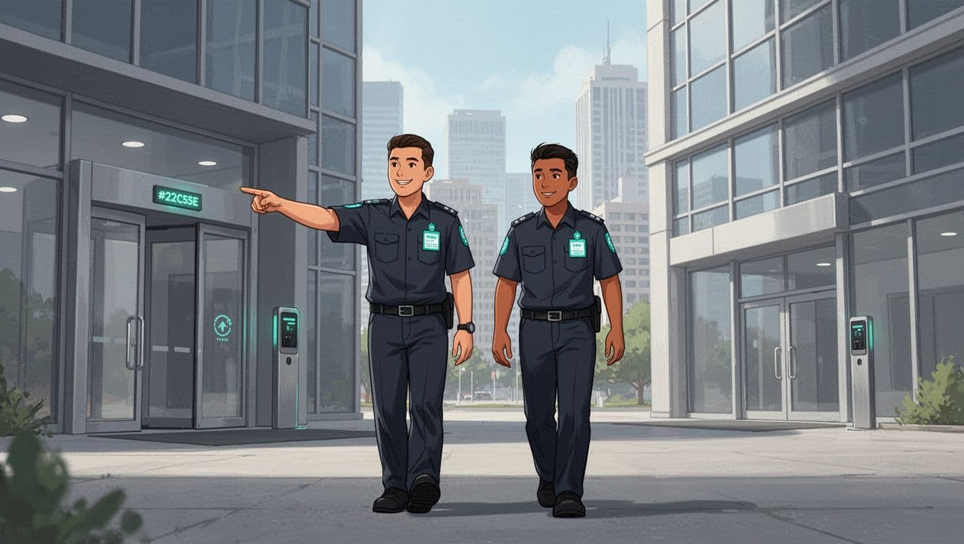 Security supervisor in uniform points out access points to new contract officer outside commercial building entrance, cityscape background.