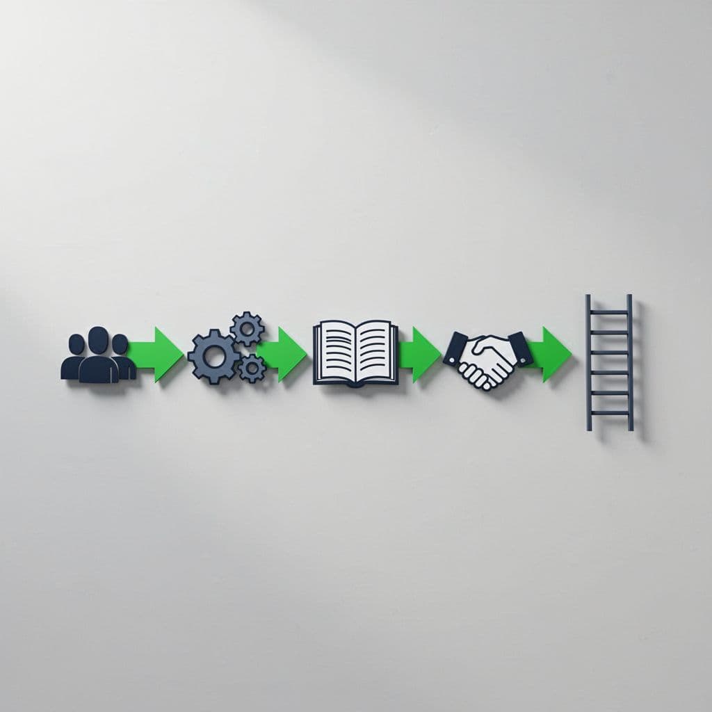 Horizontal flowchart with five abstract icons connected by green arrows on neutral background.