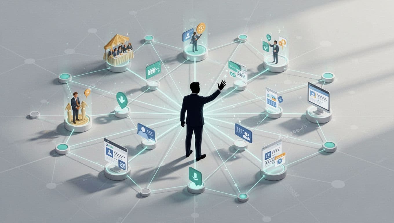 Isometric abstract network with central hiring figure connected to LinkedIn, conference, and job board nodes in green accents.