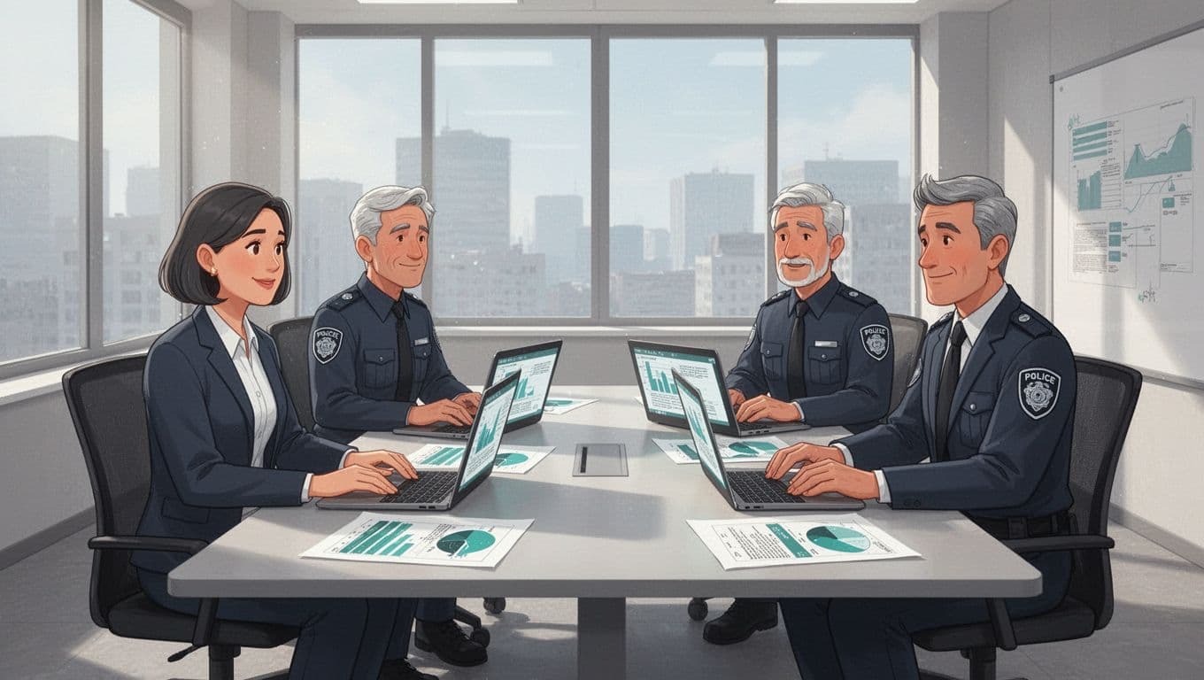 Four diverse middle-aged professionals around table with laptops and charts in modern office.