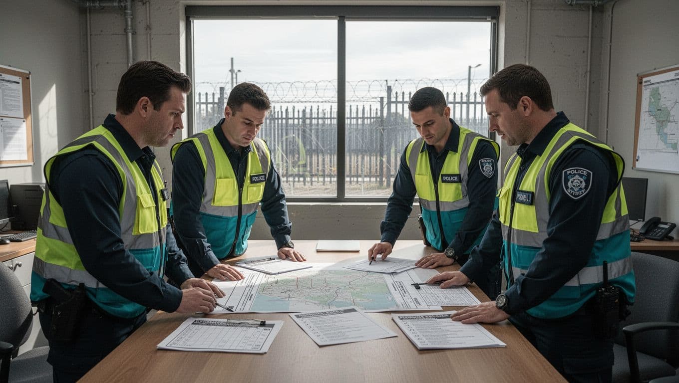Four security team members in high-visibility vests review perimeter breach maps and checklists around a table in an industrial office.