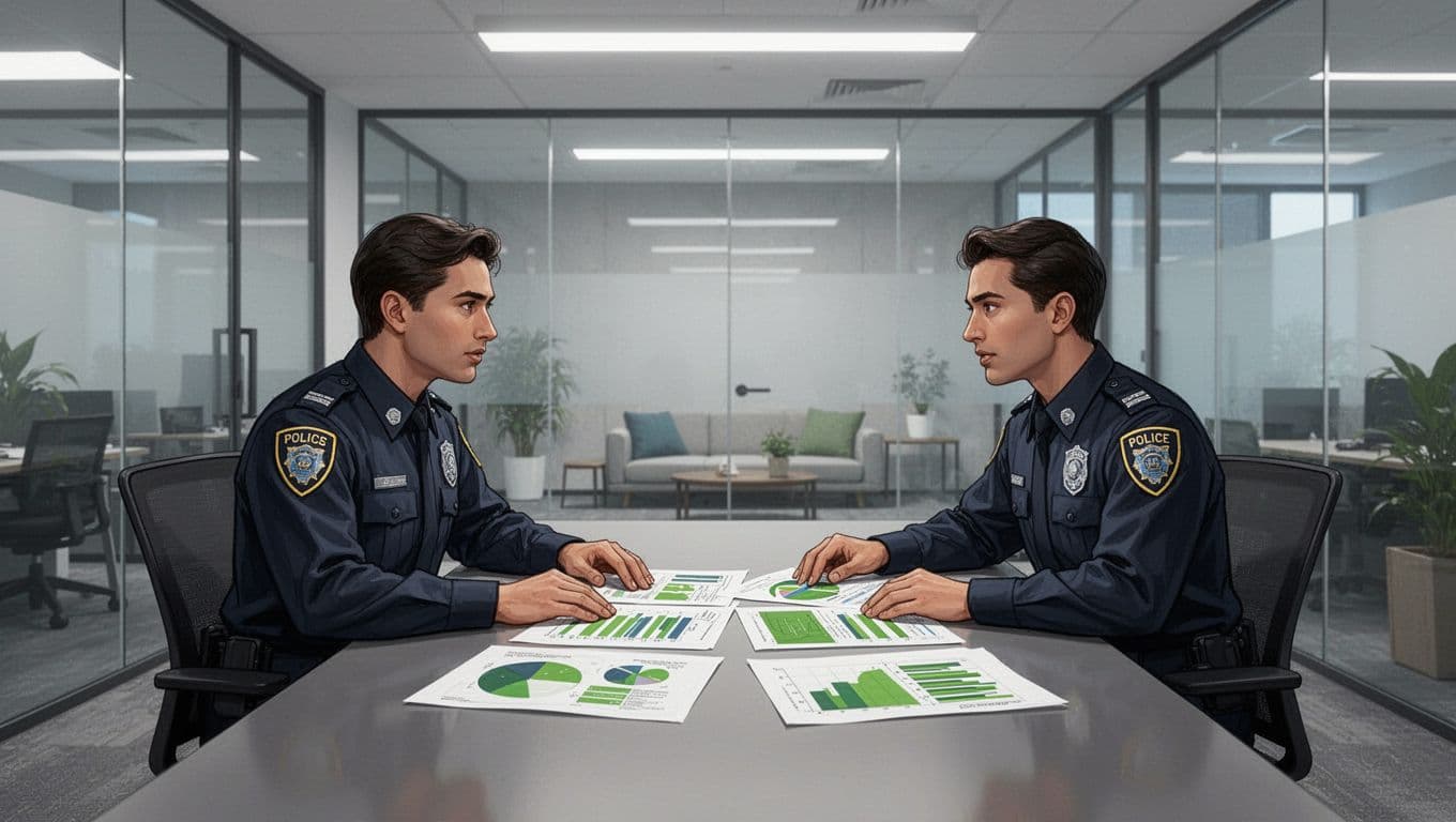 Three professionals sit around an office table reviewing charts with green accents.