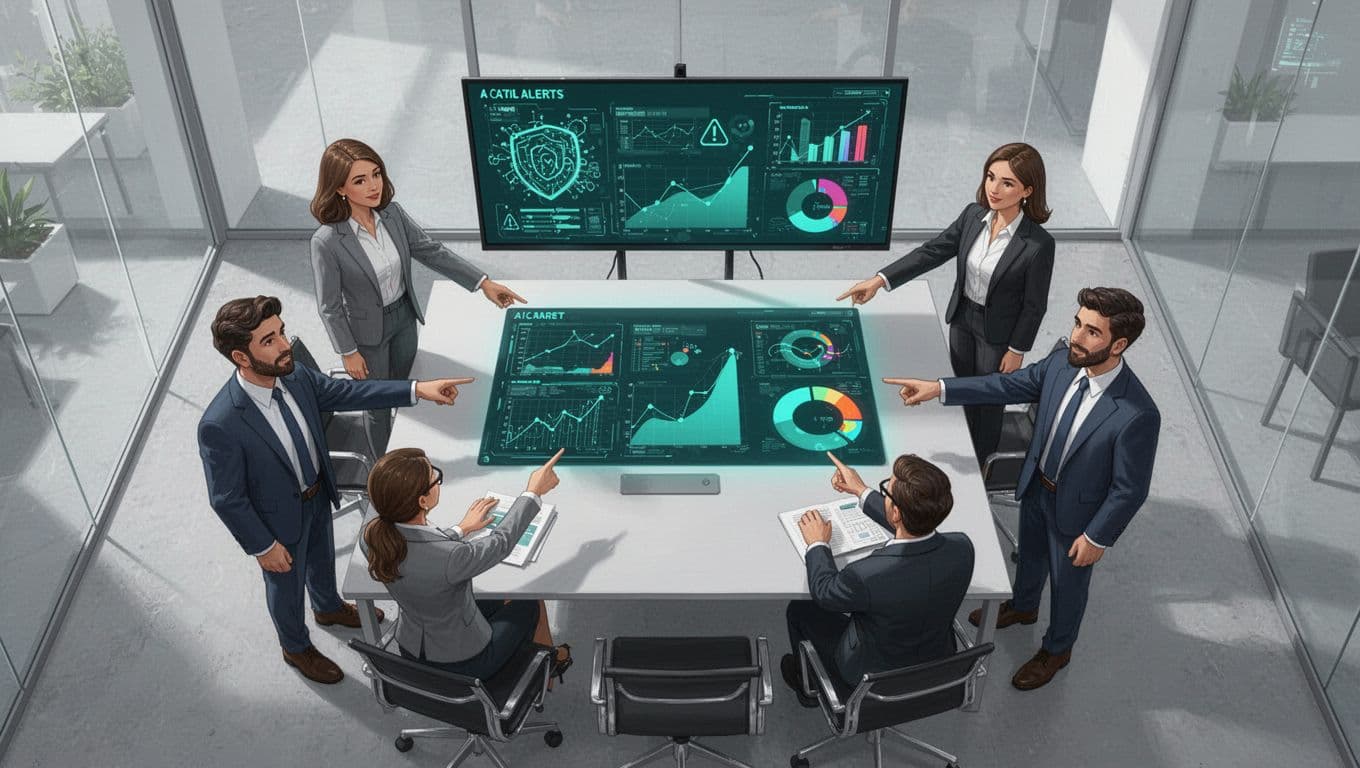 SOC analyst, HR rep, legal advisor, and IT admin point at shared screen with alert details in meeting room.