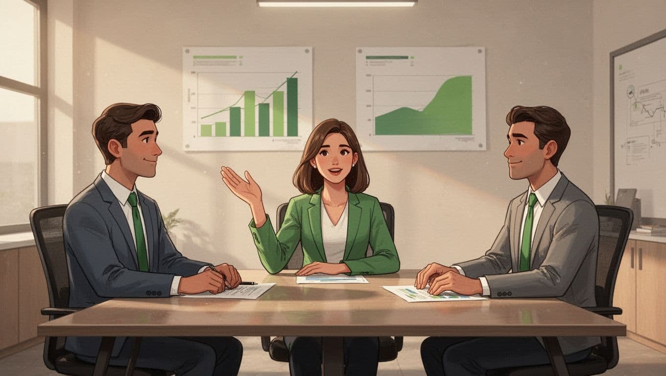 Nontech professional gestures relaxedly as two tech experts listen around conference table with green-accented security charts.
