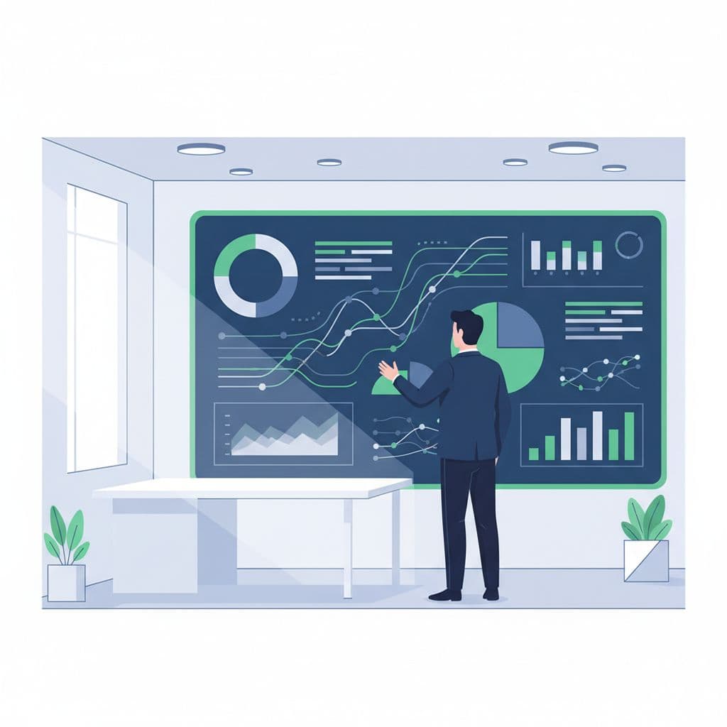 Professional in bright office views large wall screen showing abstract charts, graphs, and trends.