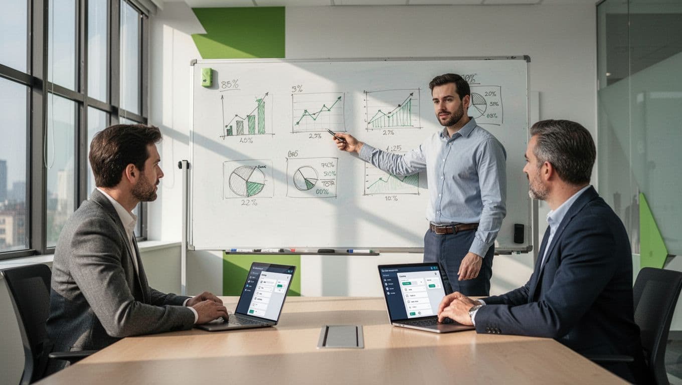 Two people in conference room collaborate on insider threat dashboard, whiteboard shows wireframe sketches, laptop open to customization.