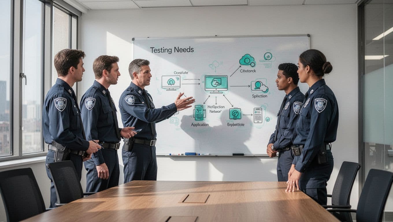 Three security professionals in a conference room discuss on a whiteboard as one points to a network and apps diagram.