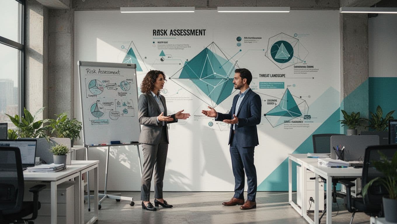 Security team in open office discusses risks with threat charts on wall and whiteboard.