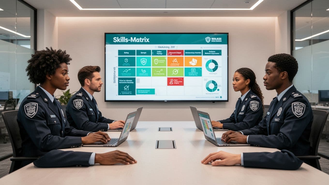 Three diverse security professionals at a conference table review colorful skills charts on a wall screen and two laptops.