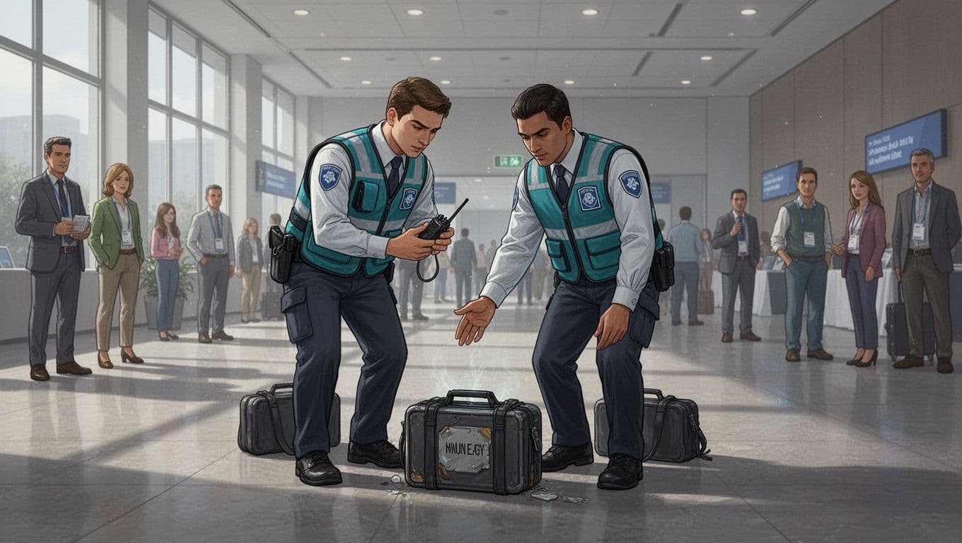 Security team leader directs two members with radios assessing suspicious package on conference hall floor amid distant attendees.
