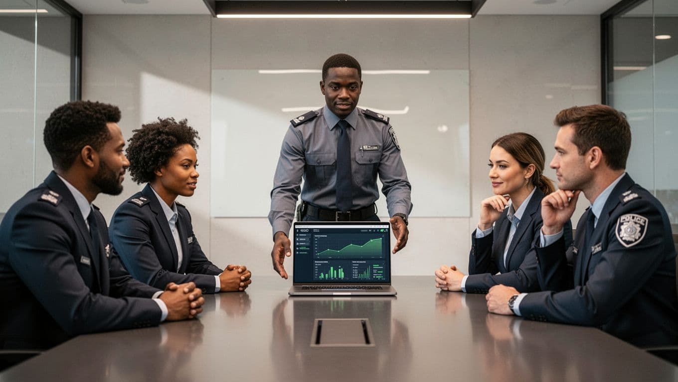 Four diverse security team members around a table, lead presenting threat intel dashboard on laptop, others nodding.