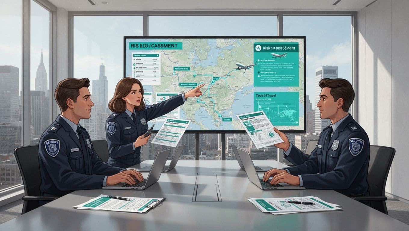 Two professionals in a modern conference room review maps and itineraries on a large screen and laptops, one pointing.