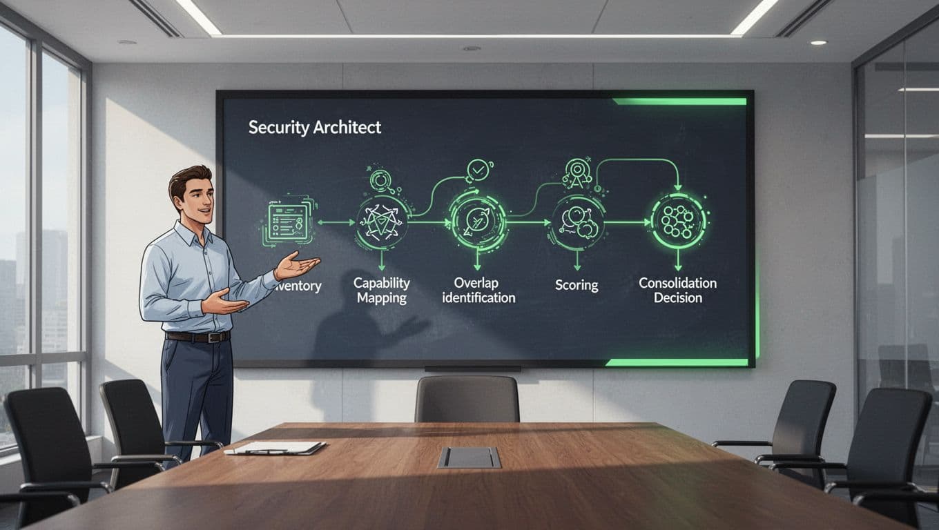 Security architect presents sequential icons for tool audit process on large conference room screen.