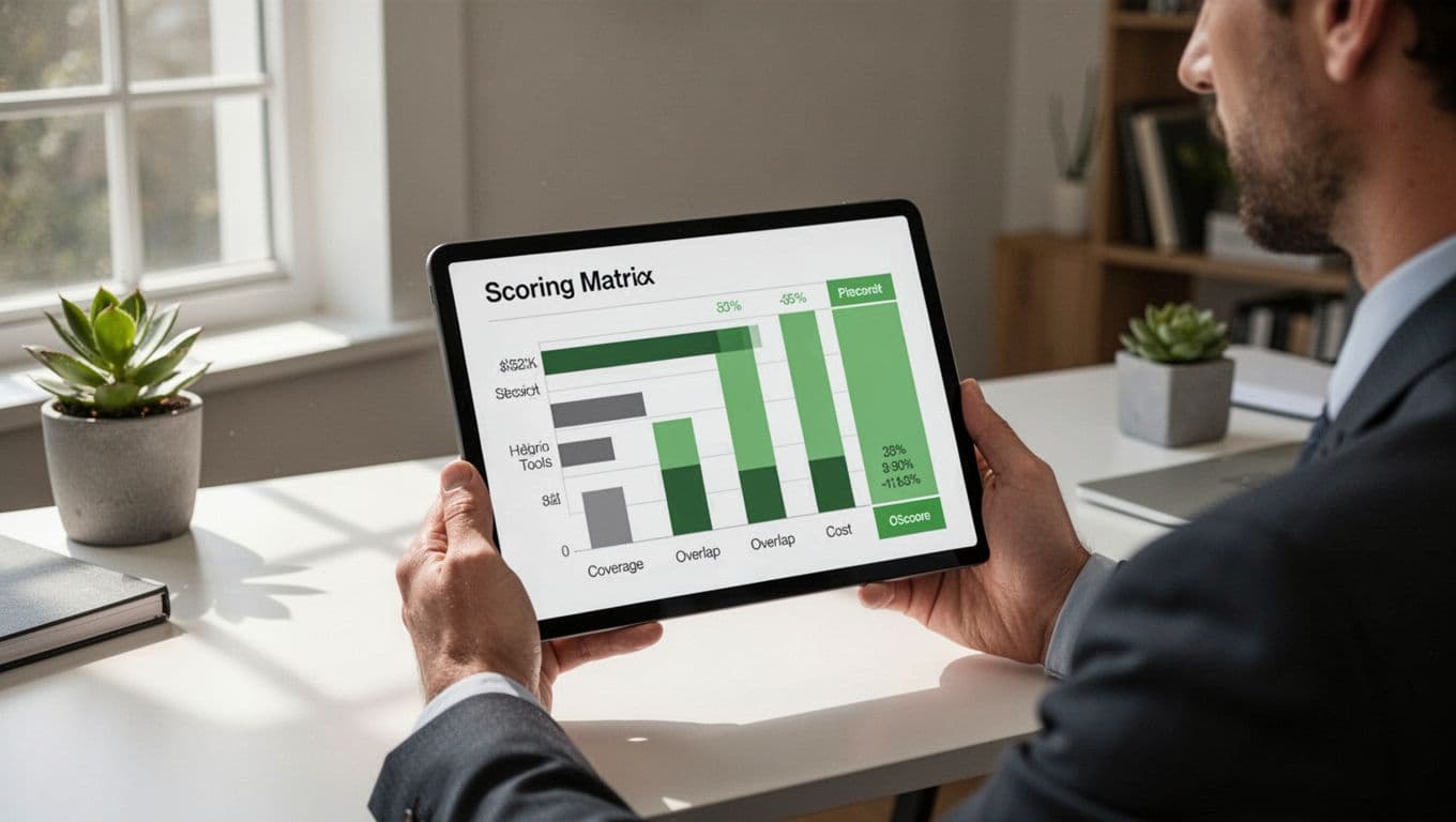 IT decision-maker holds tablet showing security tool evaluation matrix at home office desk.