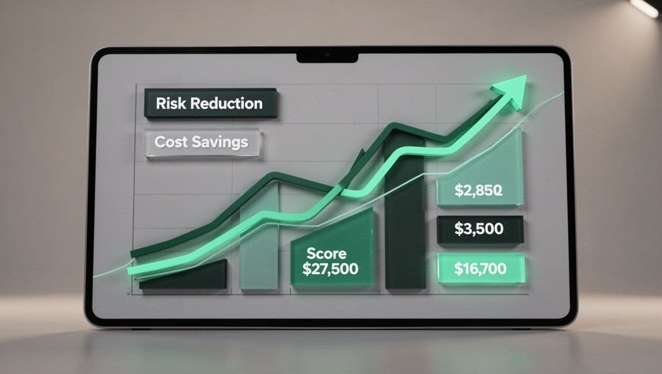 Trend lines and scorecards on digital display show risk reduction and cost savings over time with green upward accents.