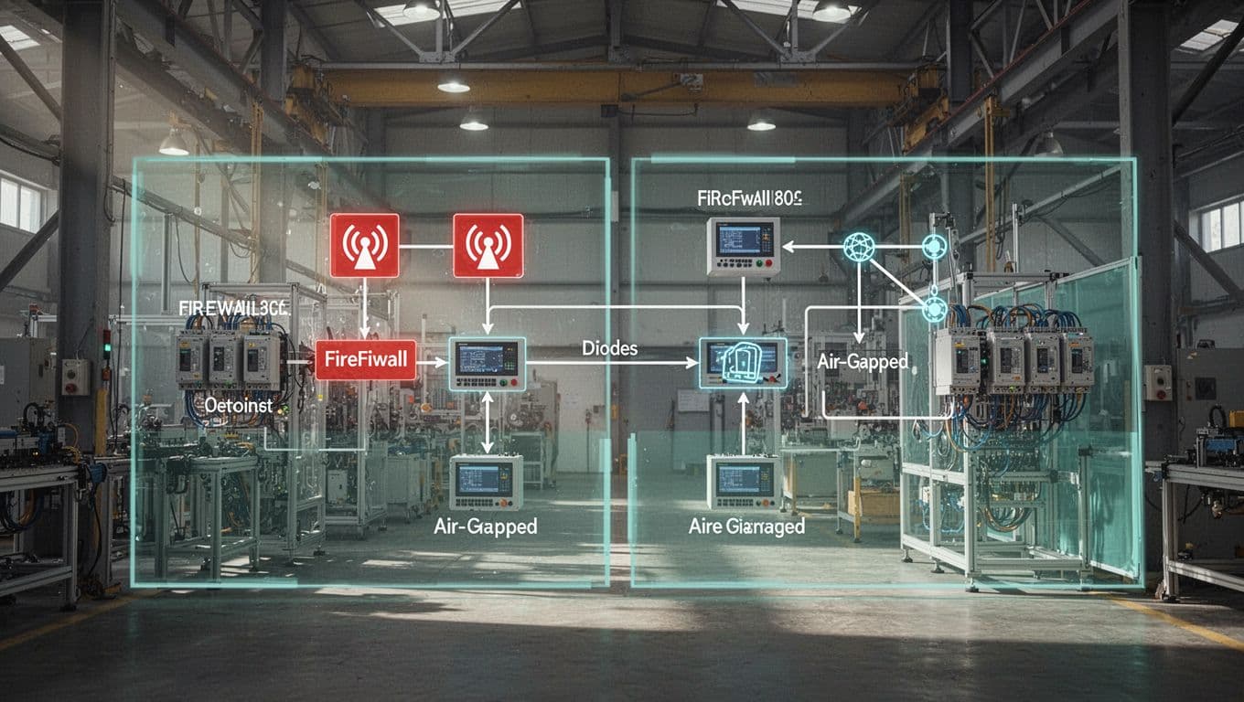 Two connected diagrams show segmented industrial network with firewalls, diodes, and air-gapped zones protecting PLCs in factory background.