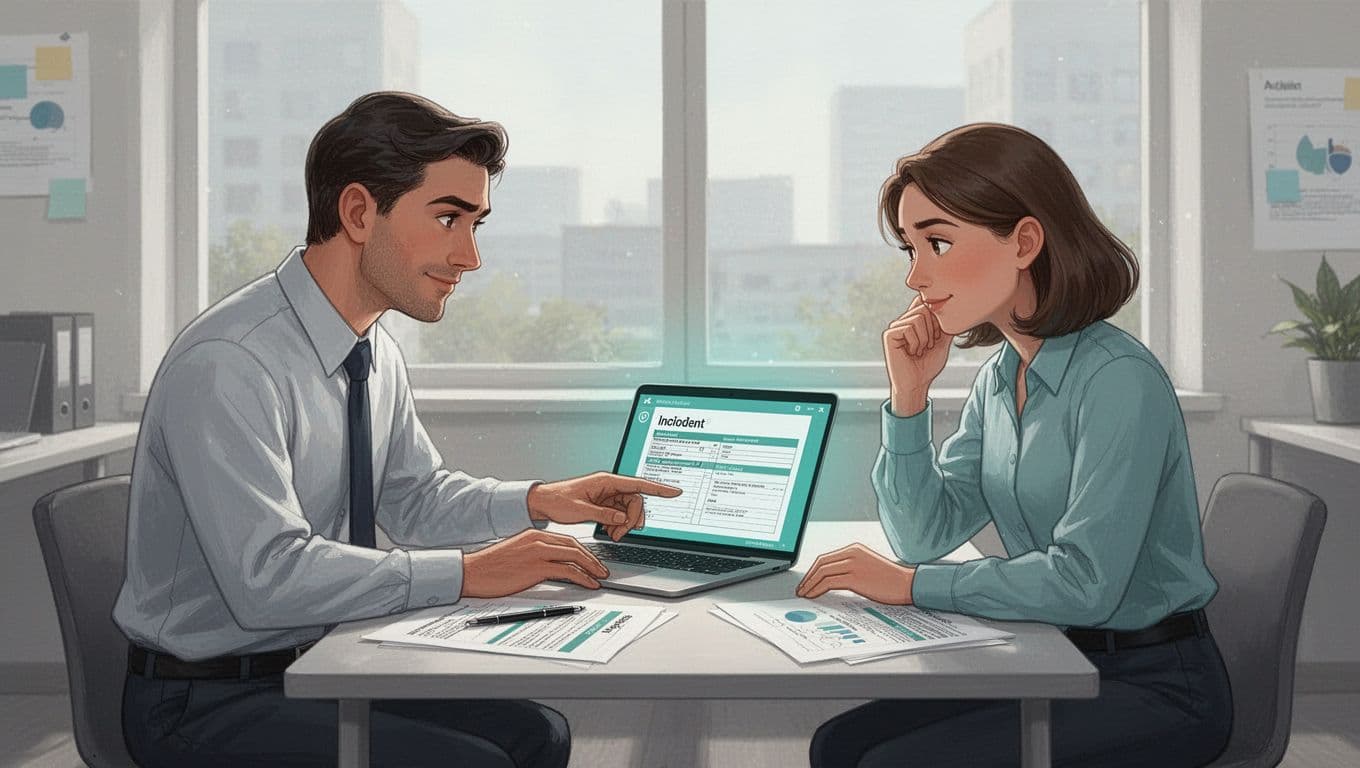 Senior and junior security analysts sit across a table reviewing laptop screen, senior pointing relaxedly as junior nods attentively.