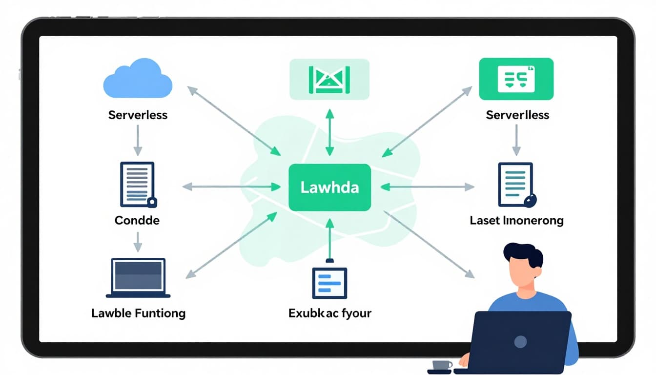 Laptop screen displays flowchart of Lambda cloud icons flowing to centralized map with relaxed hands nearby in office.