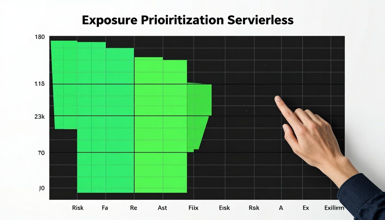 Grid chart on team room wall plots functions by risk and exploitability, highlighted green high-risk zone, relaxed pointing hand.