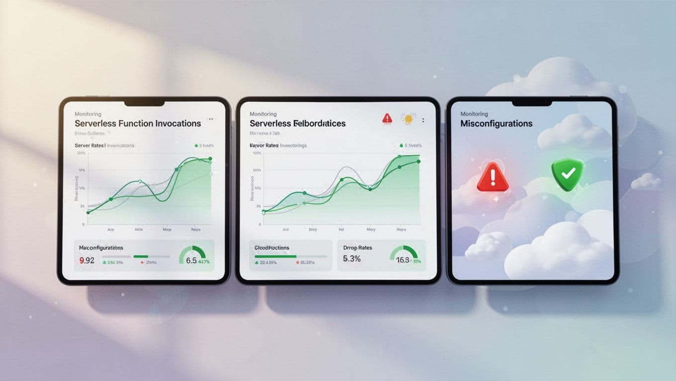 Central dashboard with three screens showing CloudWatch logs, invocation graphs, error charts, and misconfiguration alerts.
