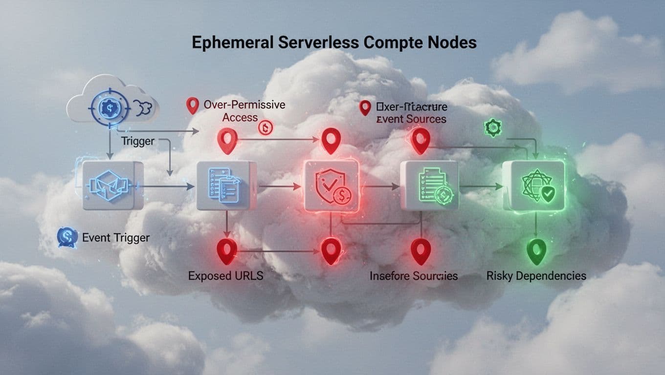 Ephemeral AWS Lambda and Azure Functions launch in cloud backdrop, red highlights mark IAM roles, exposed URLs, insecure sources, and dependencies.