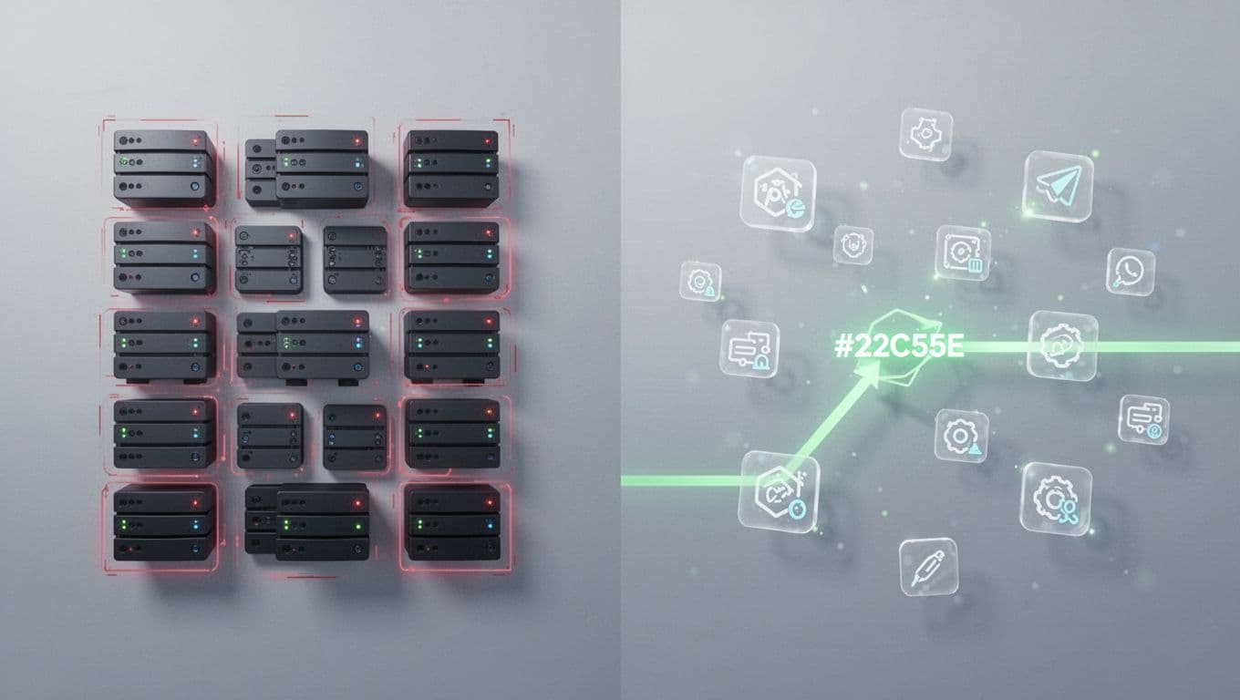 Left side shows traditional VM containers with static visible attack surface; right side serverless functions with dynamic scattered exposures, divided by central line.