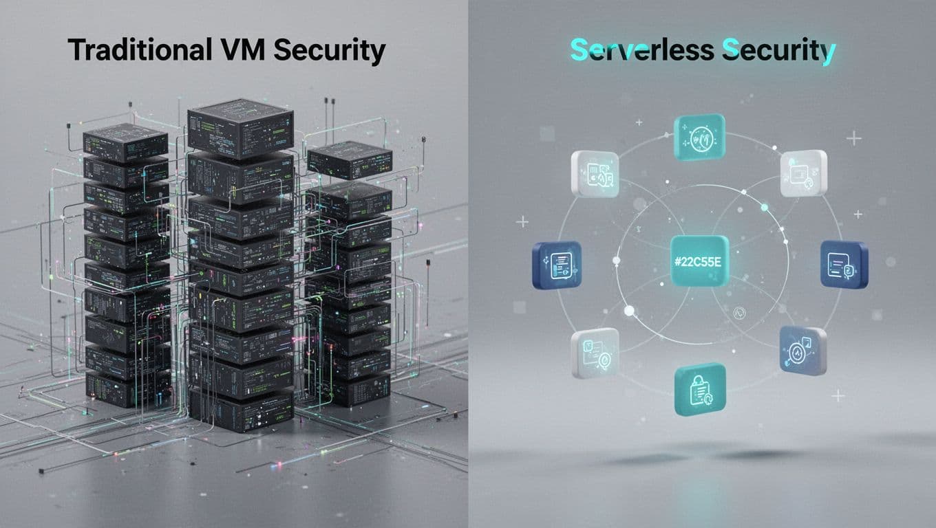 Split scene illustration: left side shows VM racks with heavy monitoring; right side depicts light, event-driven ephemeral functions in green tones.