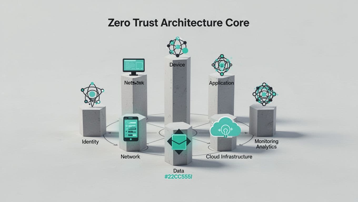 Balanced central diagram with icons for identity, device, network, application, data, cloud infrastructure, and monitoring analytics pillars.