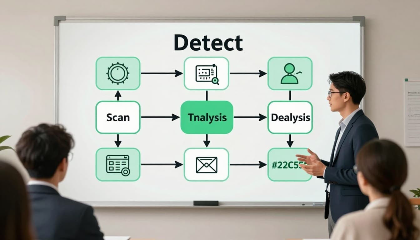 Two IT admins discuss whiteboard flowchart of shadow IT detection steps with icons for network scan, traffic analysis, user interviews, and arrows.